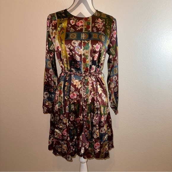NWT Johnny Was Laurie Pippa Silk Patchwork Floral Burgundy Braid Belt Mini Dress - Picture 4 of 16